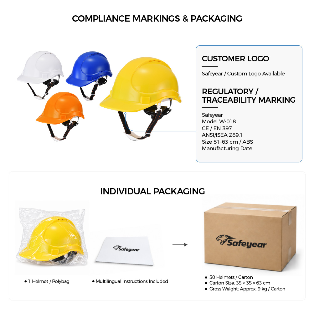 W-018 Safety Helmet – Compliance Markings, Colors and Packaging Safeyear W-018 industrial safety helmet with multiple color options, compliance markings and individual packaging details