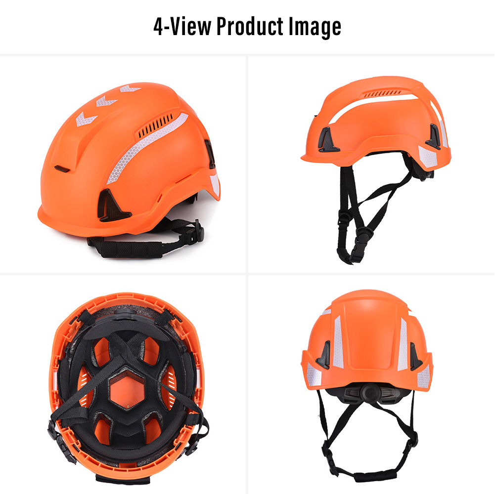 W-6000 Industrial Safety Helmet – Four-View Product Images Safeyear W-6000 climbing-style safety helmet shown from four angles with ventilation, internal suspension and rear ratchet adjustment system