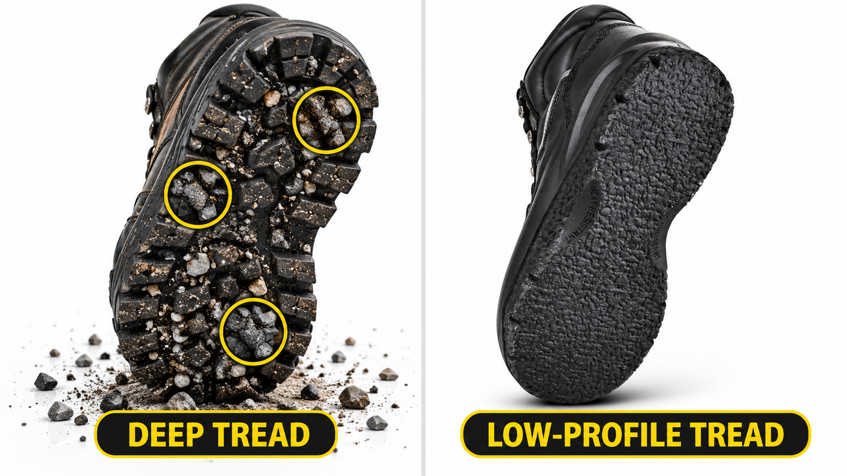 Deep tread compared with low-profile tread for asphalt paving safety boots Deep tread compared with low-profile tread for asphalt paving safety boots