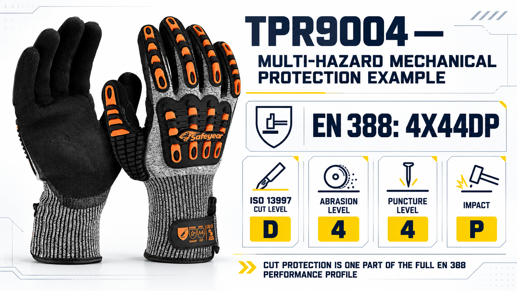 Safeyear TPR9004 EN 388 Cut Level D Evidence Safeyear TPR9004 EN 388 4X44DP with Cut Level D puncture abrasion and impact protection