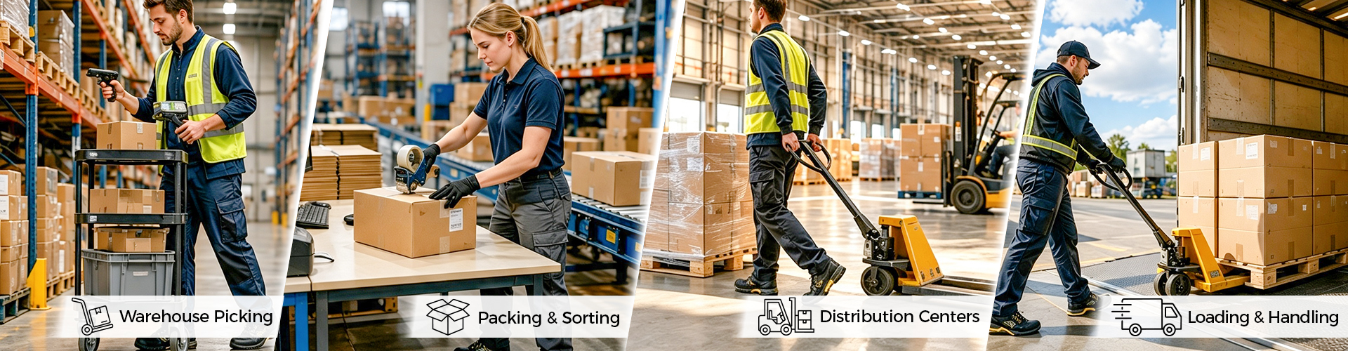 Warehouse and Logistics Work Applications Warehouse and logistics workers performing order picking, packing, distribution and loading operations