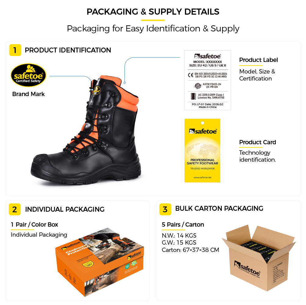 Safetoe H-9555 Chainsaw Safety Boots Packaging Details Safetoe H-9555 chainsaw safety boots packaging details showing product label, individual shoe box and bulk carton supply
