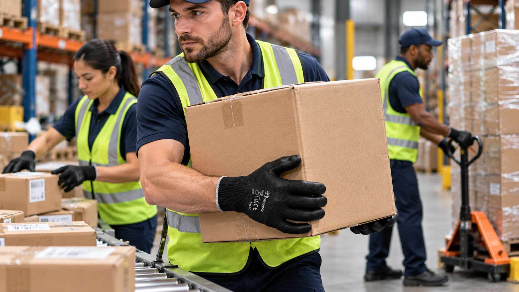 How to Choose Warehouse Work Gloves Warehouse worker wearing protective gloves for material handling