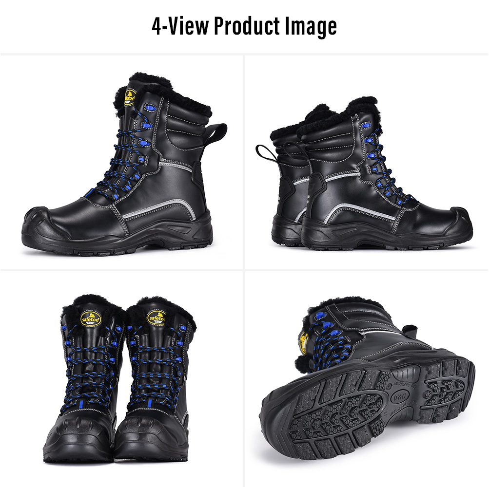Safetoe H-9550 IceShield Pro Winter Safety Boots – Four Views Four-view image of Safetoe H-9550 IceShield Pro insulated winter safety boots showing side, front, rear and ice-grip outsole views