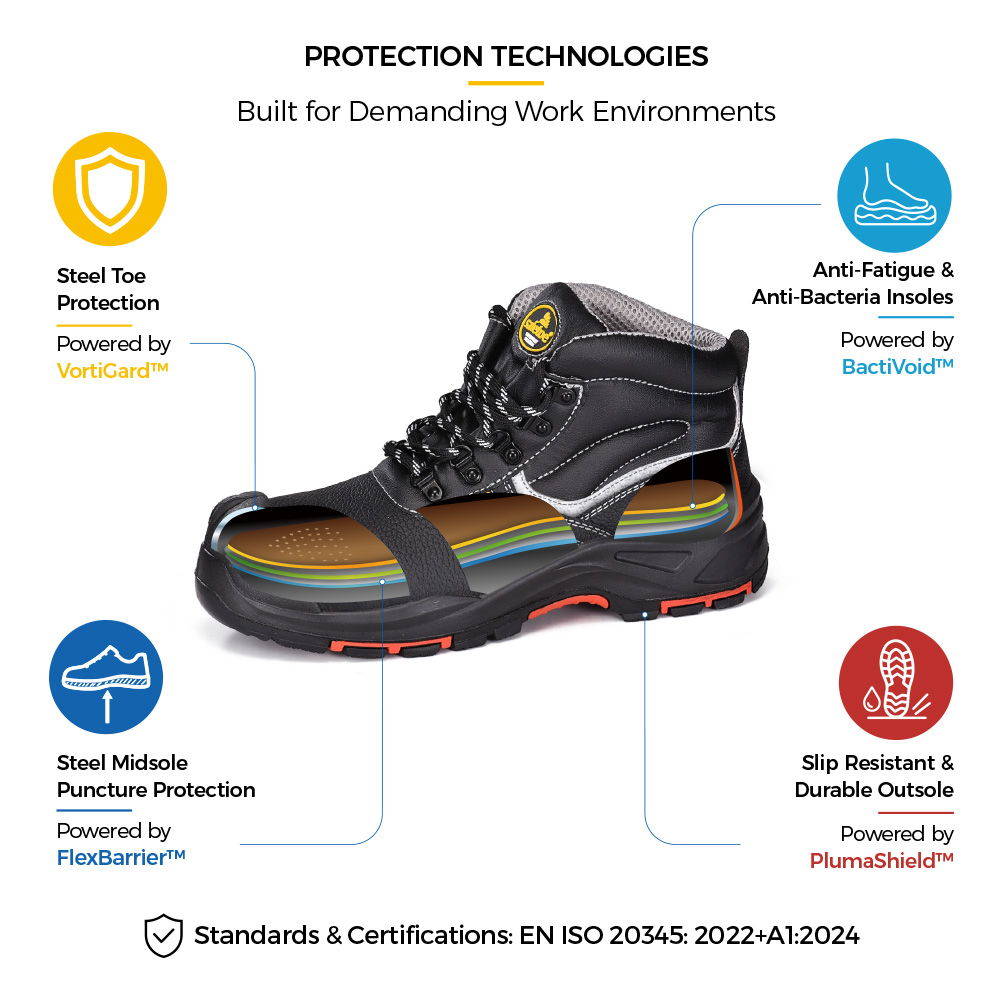 M-8520PRST SiteShield Max Safety Shoe Construction Details M-8520PRST SiteShield Max Black Cow Leather Industrial Construction Safety Shoes with Protective Construction