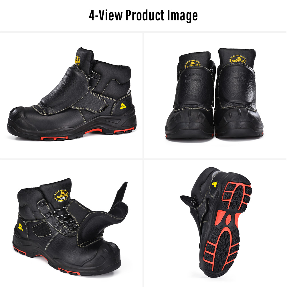 M-8387MP Metatarsal Welding Safety Boots – Four Views Four views of Safetoe M-8387MP black leather welding safety boots showing the external metatarsal guard, protective welding cover and outsole