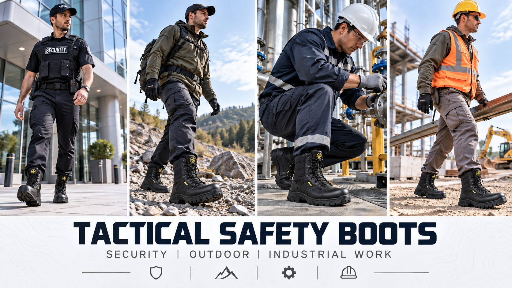 Professional Applications for Tactical Safety Boots Tactical safety boots used for security patrol, outdoor and industrial work