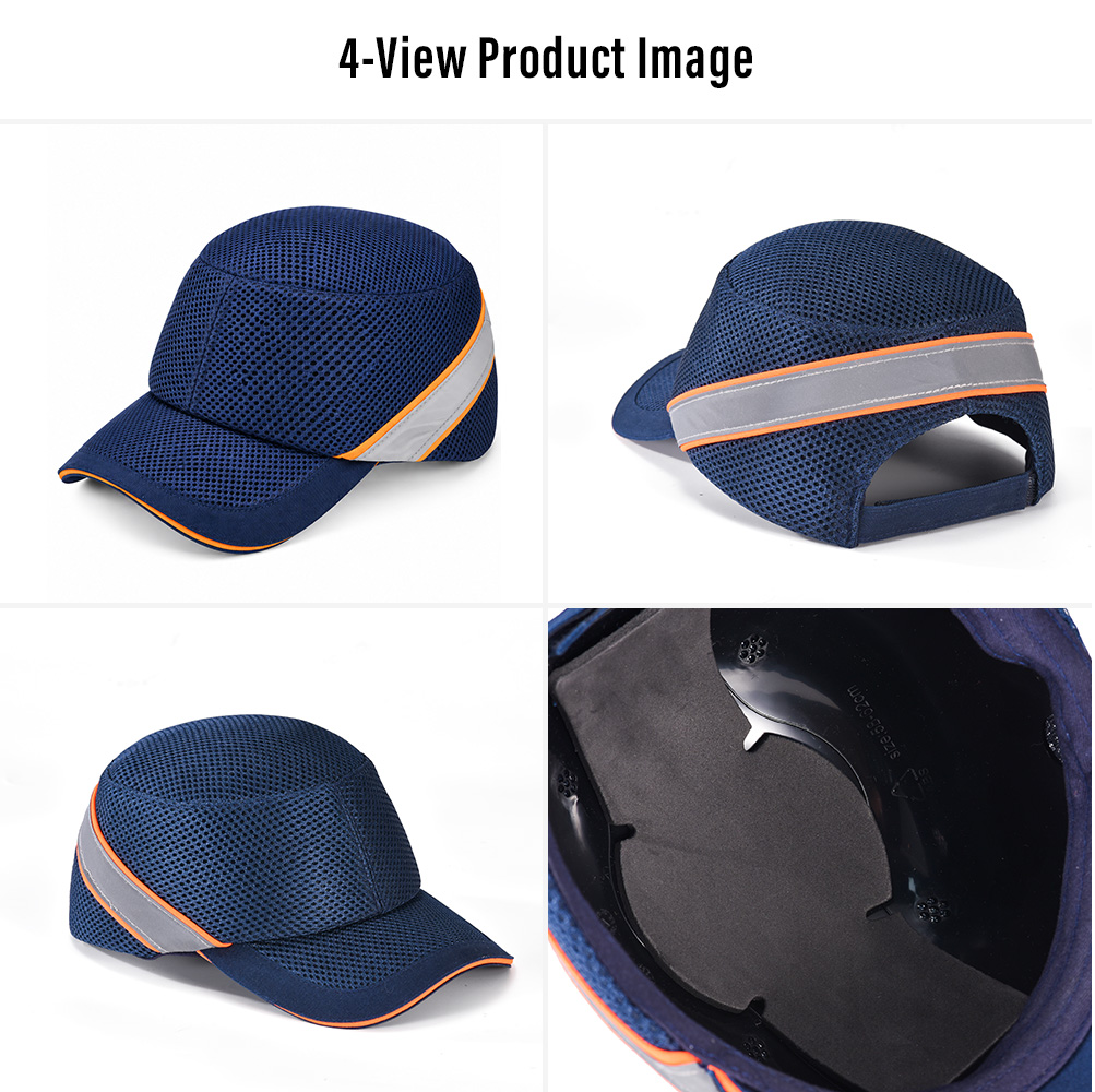 WH-001 Industrial Bump Cap – Four-View Product Images Safeyear WH-001 ventilated industrial bump cap shown from four angles with breathable mesh, reflective side panel, ABS inner shell and EVA padding