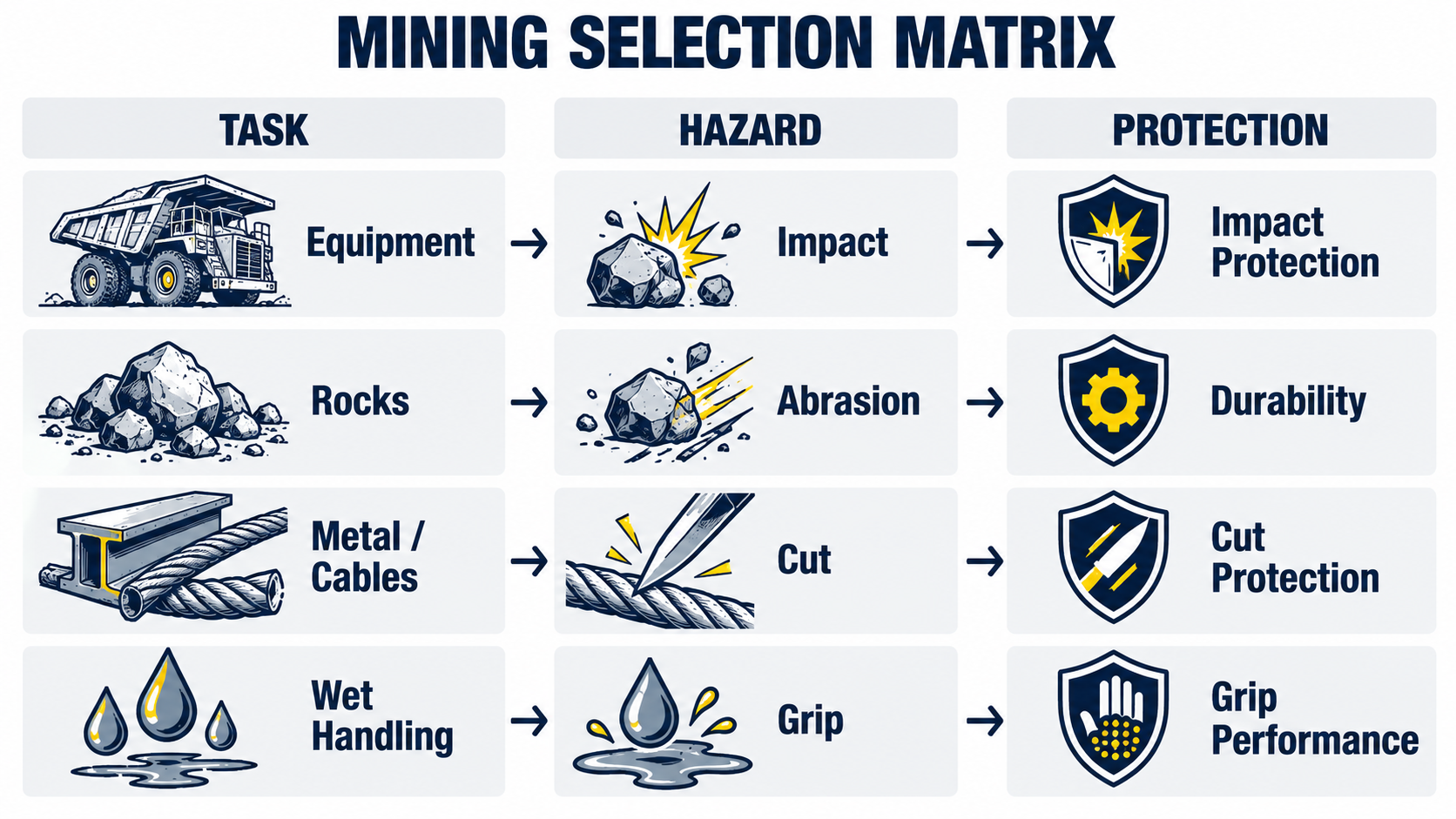 Mining Work Glove Selection Matrix Mining glove selection matrix for equipment rocks metal cables and wet handling hazards