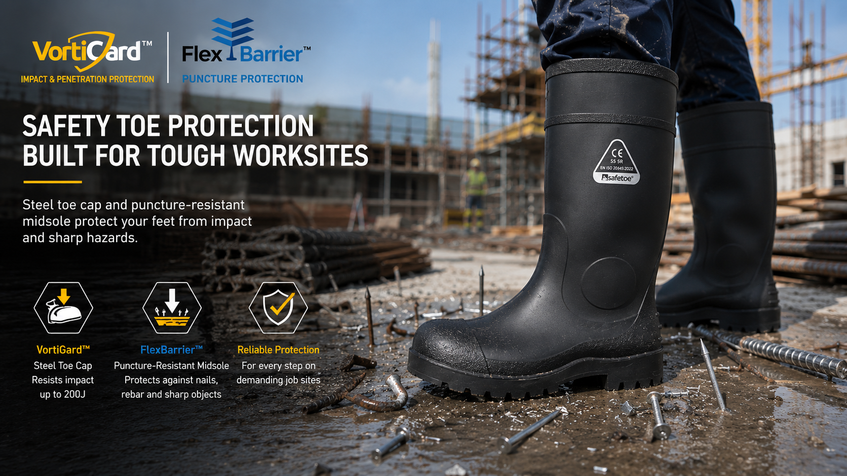 Toe and Puncture Protection for Construction Wellington Boots Construction safety Wellington boots with steel toe and puncture-resistant midsole protection