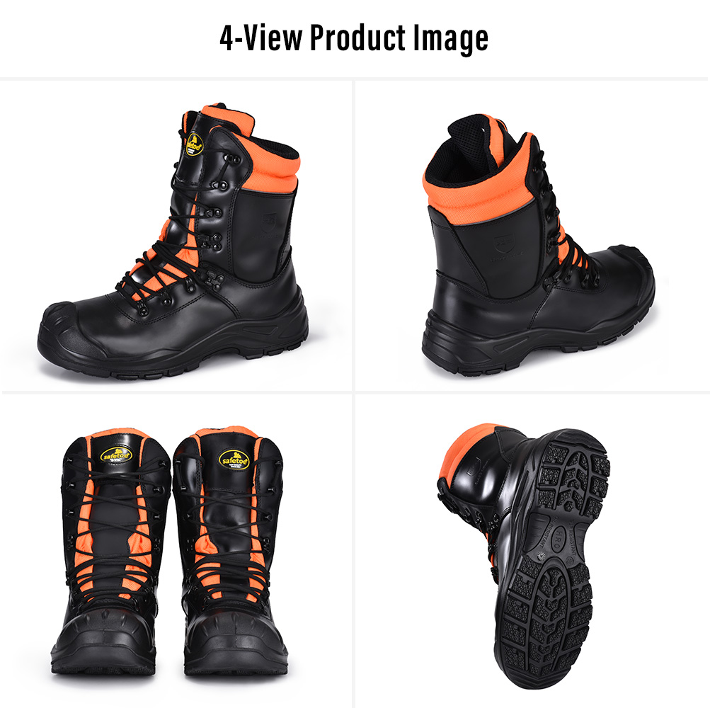 Safetoe H-9555 Forestry Chainsaw Safety Boots – Four Views Four-view image of Safetoe H-9555 chainsaw safety boots for forestry and logging showing front, rear, side and outsole views