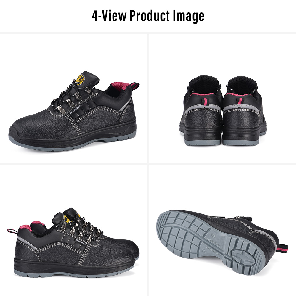 L-7508W Women's Steel Toe Safety Shoes – Four Views Four views of Safetoe L-7508W black women's low-cut safety shoes with steel toe, pink lining accents and slip-resistant PU/PU outsole