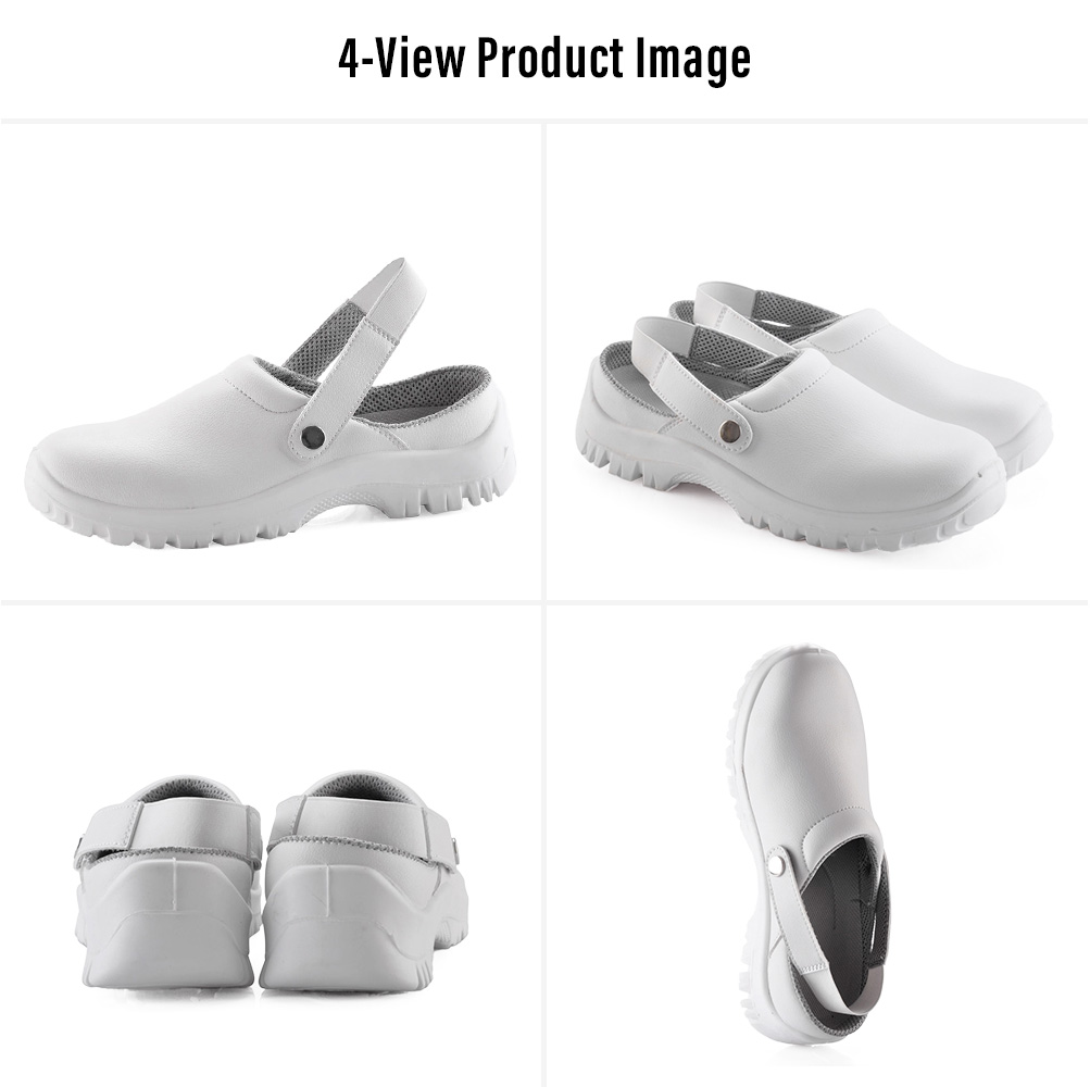 L-7096 White Steel Toe Kitchen Safety Shoes – Four Views Four views of Safetoe L-7096 white steel toe kitchen safety shoes with adjustable heel strap and slip-resistant PU outsole