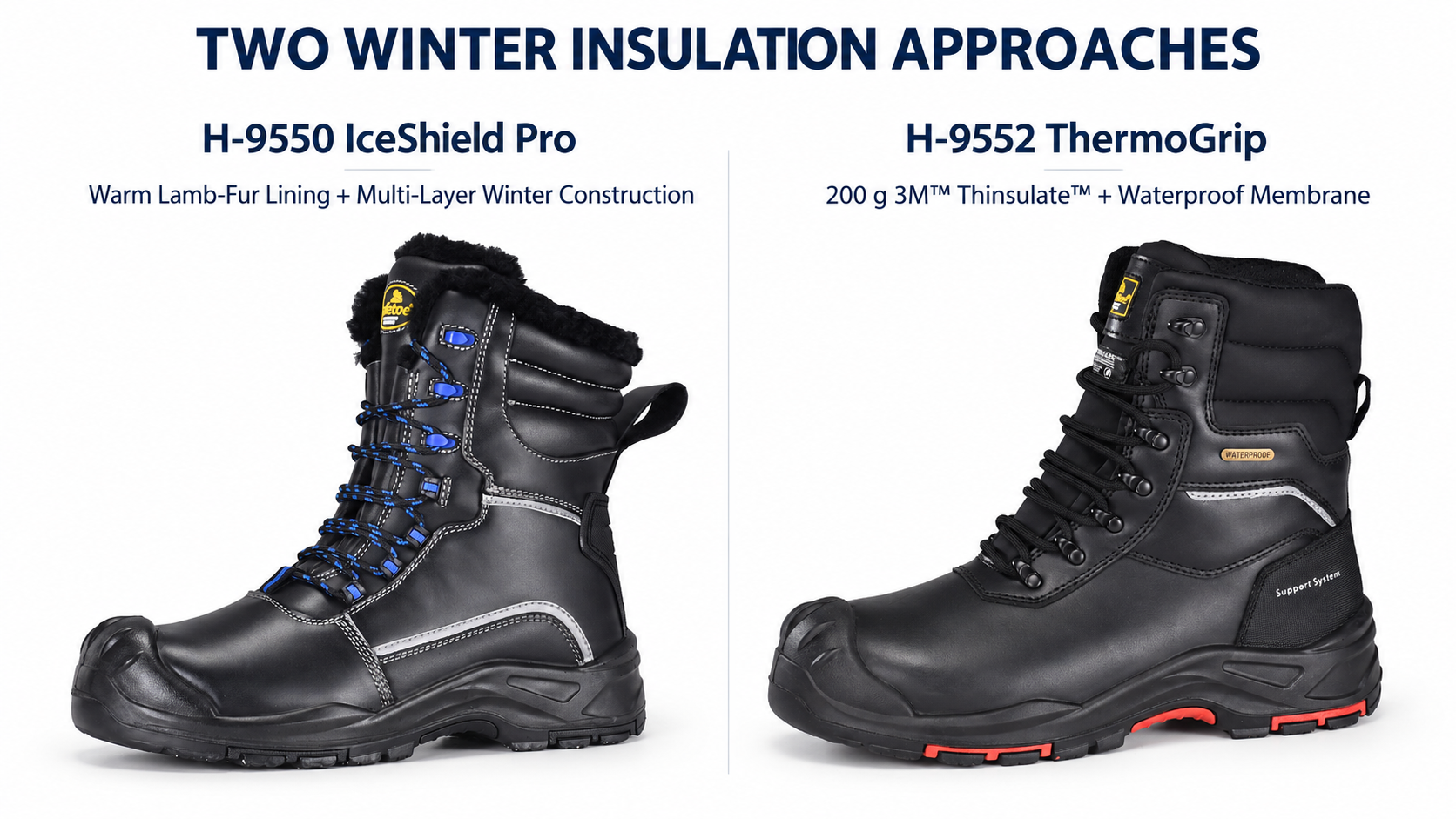Two Winter Work Boot Insulation Approaches H-9550 IceShield Pro and H-9552 ThermoGrip winter boot insulation constructions compared