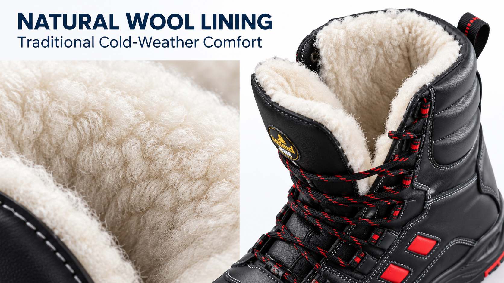 Natural Wool and Lamb-Fur Winter Boot Insulation Warm lamb-fur and wool-type lining used in insulated winter work boots