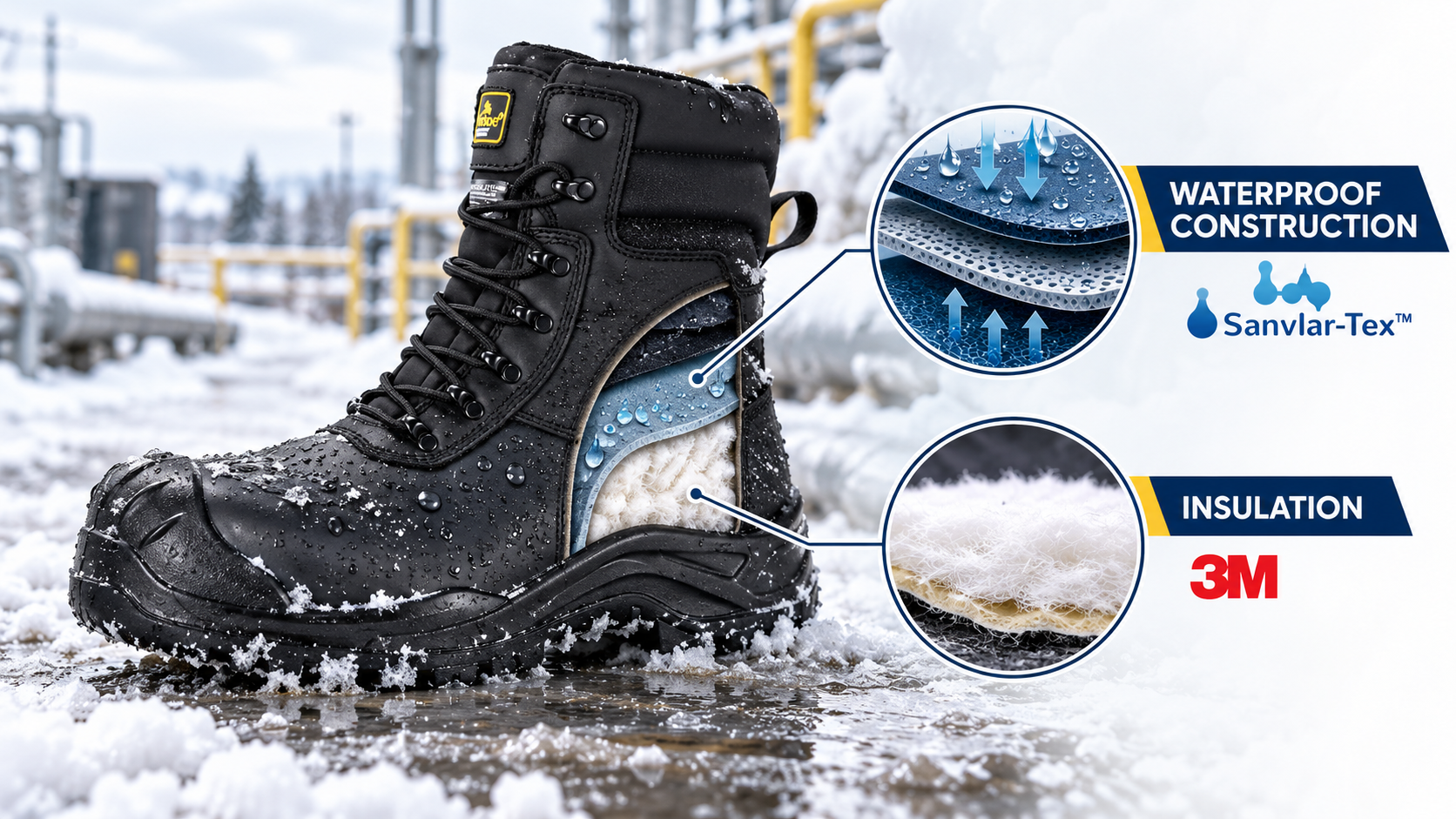 Waterproof Protection for Winter Safety Boots Waterproof winter safety boot construction with insulation for snow and wet work