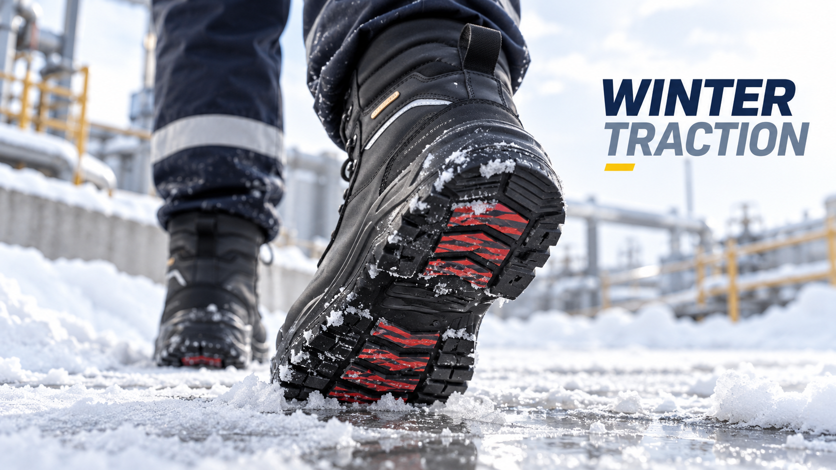 Winter Traction for Snow and Ice. Winter safety boot outsole traction on snow and icy industrial surfaces