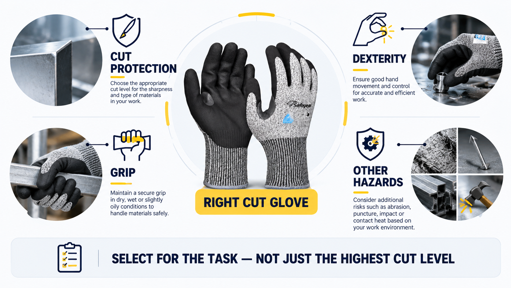 Right Cut Glove Protection Balance Model Cut resistant glove selection balancing cut protection dexterity grip and other hazards
