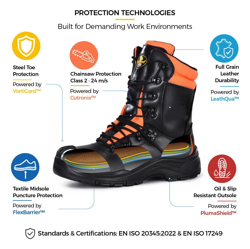 Safetoe H-9555 Chainsaw Safety Boot Protection Technologies Safetoe H-9555 chainsaw safety boot protection technologies with steel toe, Class 2 chainsaw protection, textile midsole and oil slip-resistant outsole