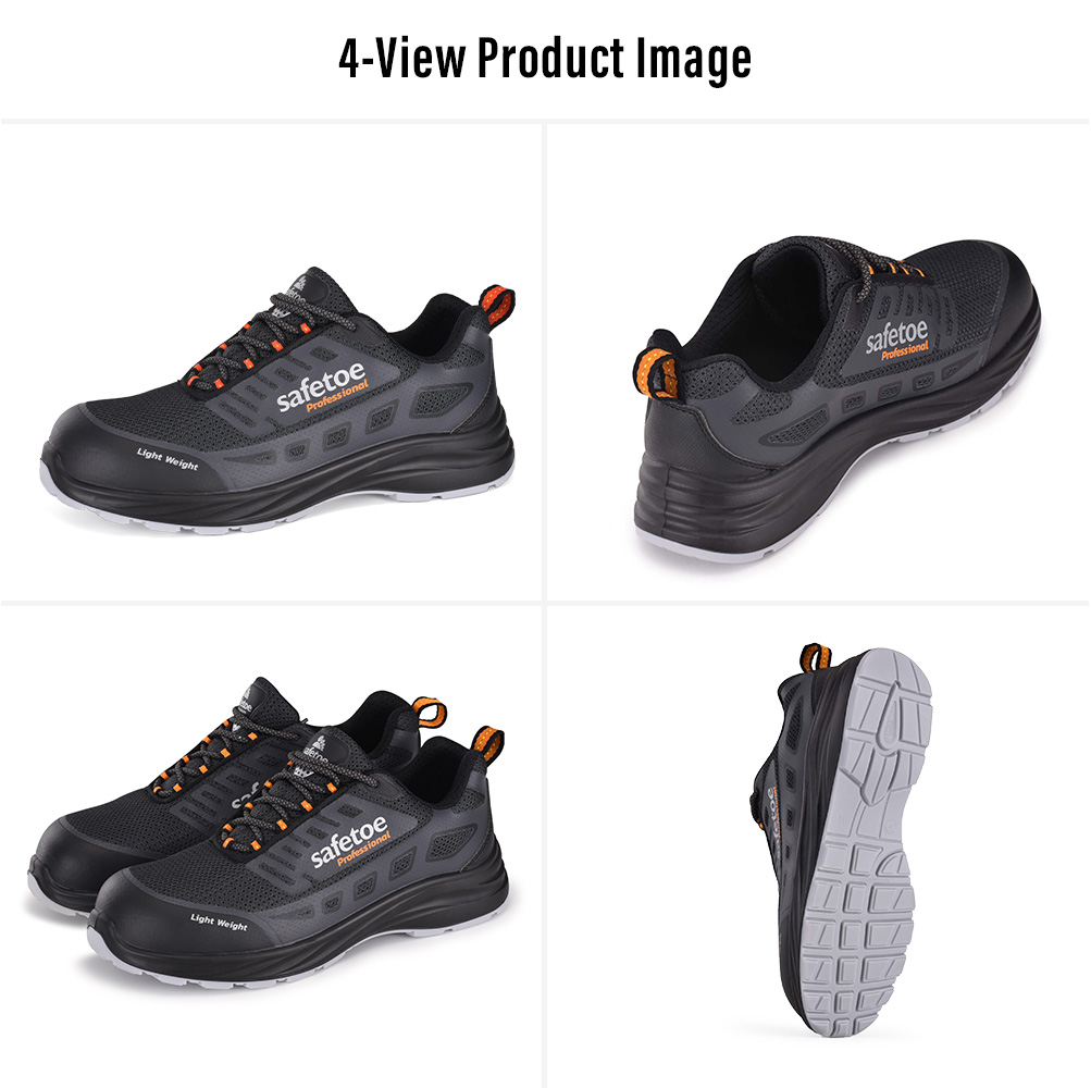 Low-Cut Safety Shoes Multi-View Display Multiple views of breathable low-cut safety shoes with protective toe and slip-resistant outsole