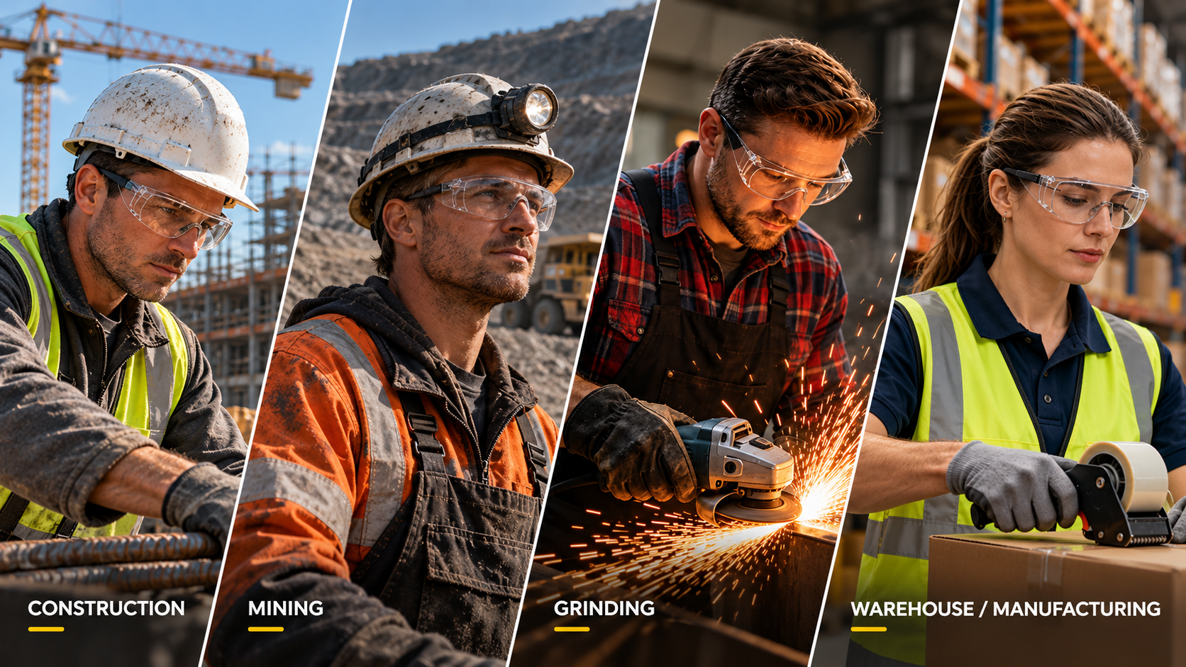 Safety Eyewear for Different Work Environments Safety glasses for construction mining grinding and warehouse work environments