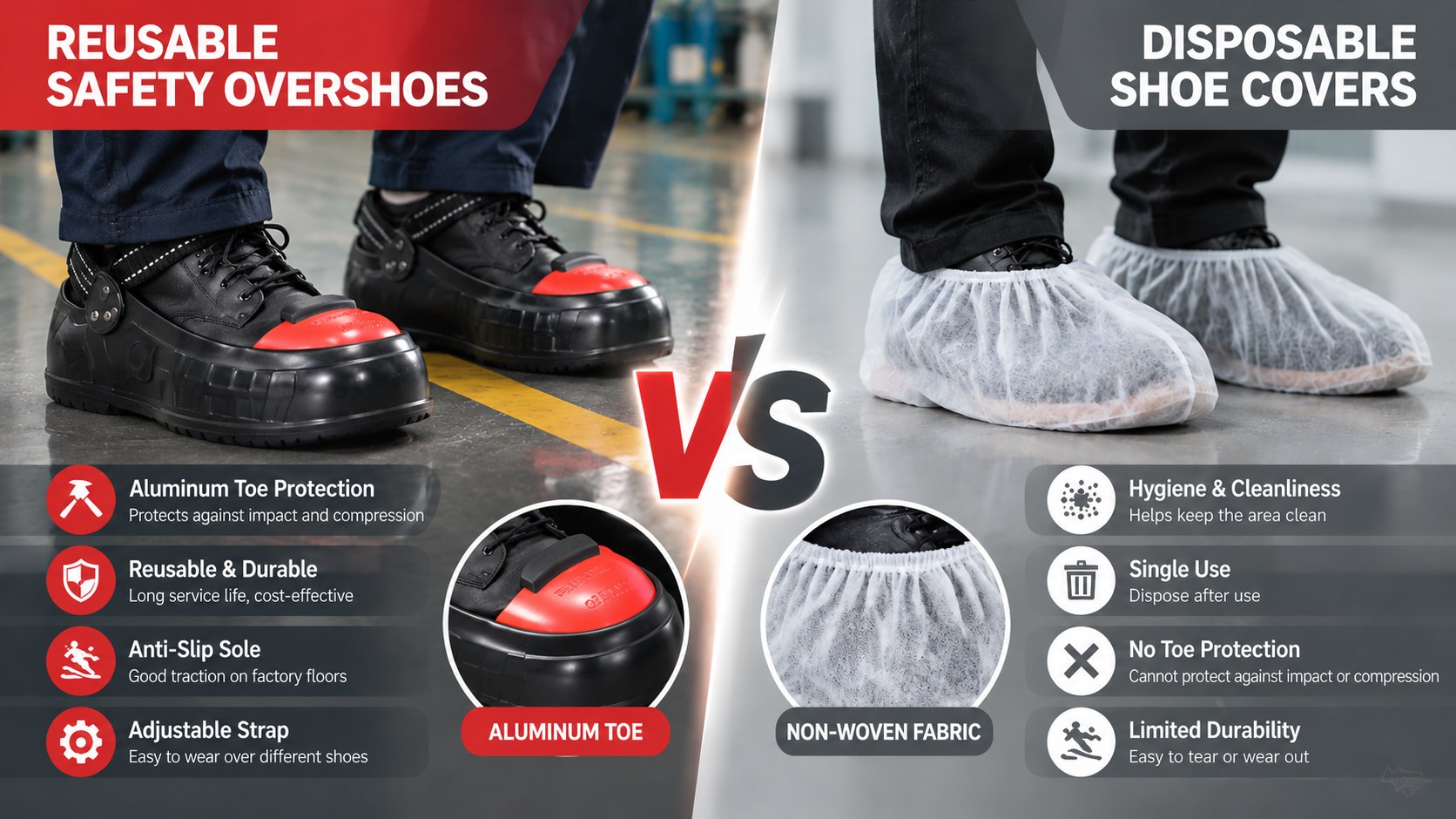 Reusable Safety Overshoes vs Disposable Shoe Covers Reusable black and red aluminum toe safety overshoes compared with disposable shoe covers