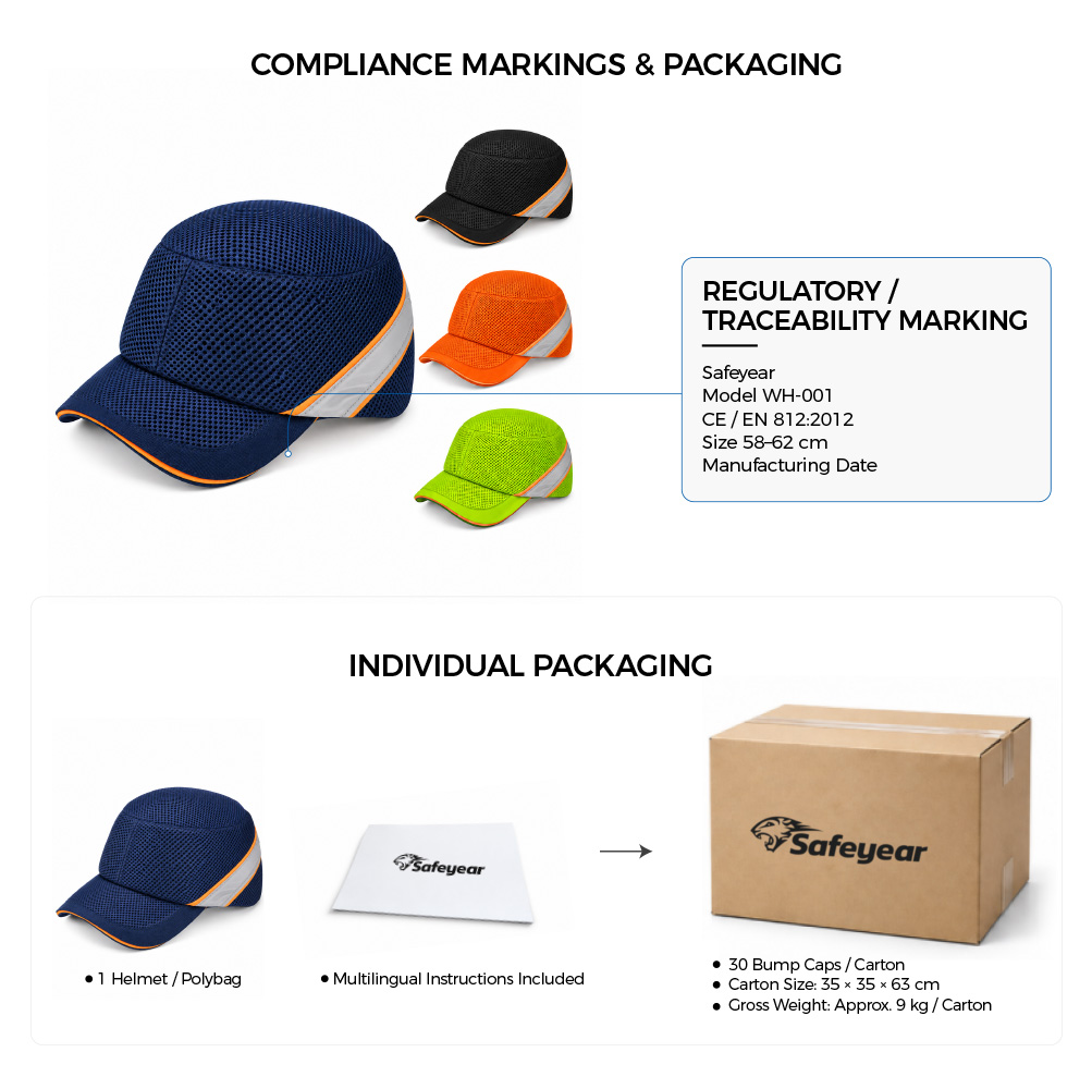 WH-001 EN 812 Bump Cap – Colors, Compliance Markings and Packaging Safeyear WH-001 EN 812 industrial bump cap in multiple colors with compliance markings, size 58-62 cm and individual packaging details