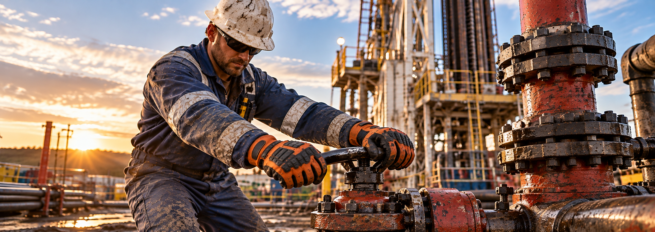 Oil and gas worker wearing protective gloves while handling industrial equipment