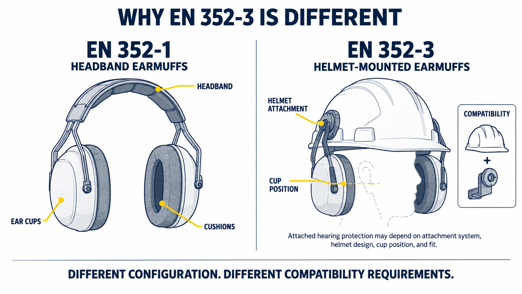 EN 352-1 vs EN 352-3 Earmuff Configuration Difference between EN 352-1 headband earmuffs and EN 352-3 helmet-mounted earmuffs