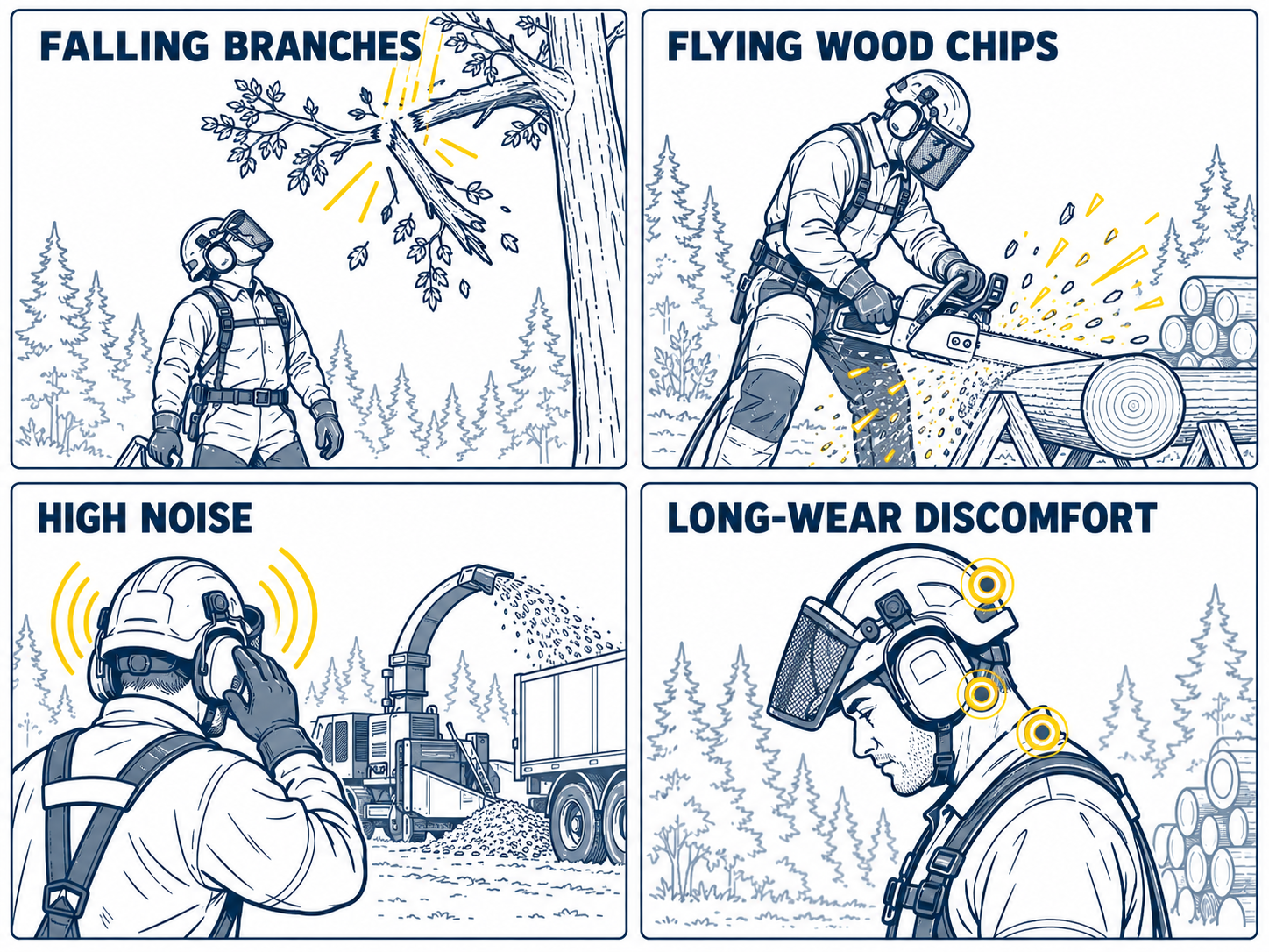 Key Hazards in Forestry Work Forestry work hazards including falling branches flying wood chips high noise and long-wear discomfort