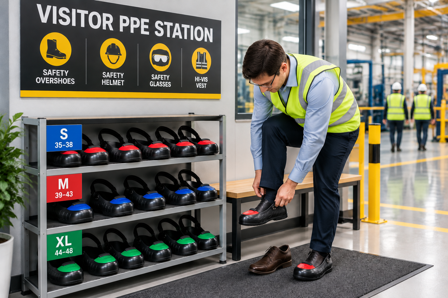 Visitor Safety Overshoes at an Industrial PPE Station Reusable visitor safety overshoes organized at a factory PPE station