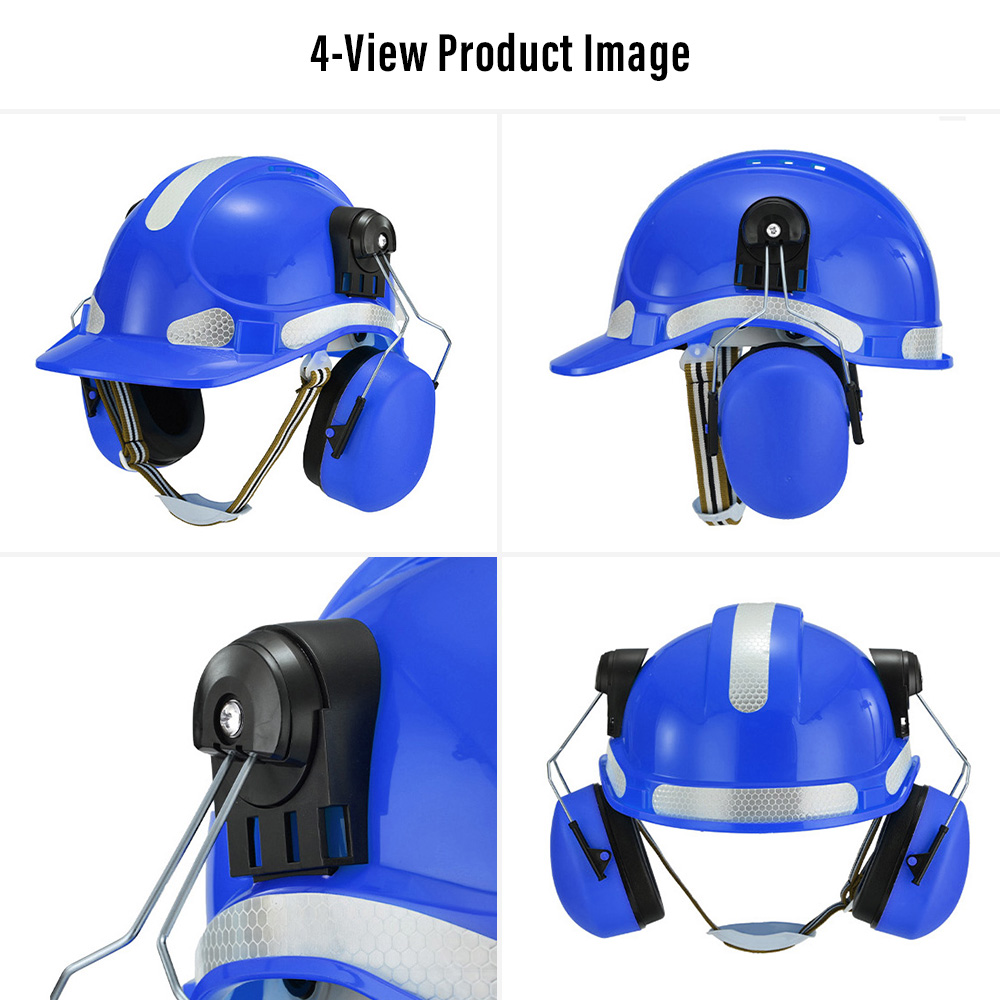 W-018EM Safety Helmet with Earmuffs – Four-View Product Images Safeyear W-018EM safety helmet with earmuffs shown from four angles, featuring reflective details, ventilation and 6-point suspension system