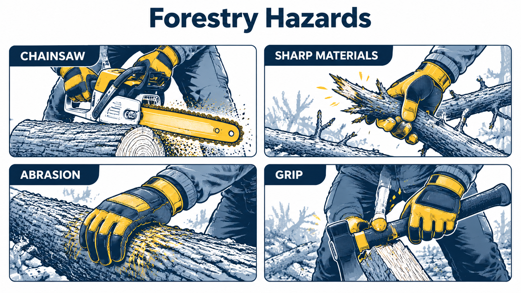Forestry Hazards Common forestry hazards including chainsaw cutting, sharp branches, abrasion from rough timber and grip challenges during forestry work.