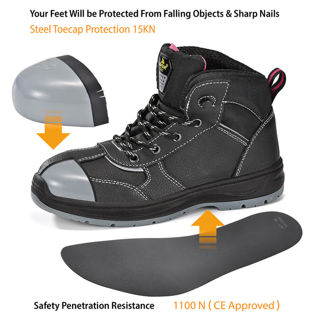 Waterproof Leather Black Safety Work Boots for Women Construction | M-8516W GraceShield