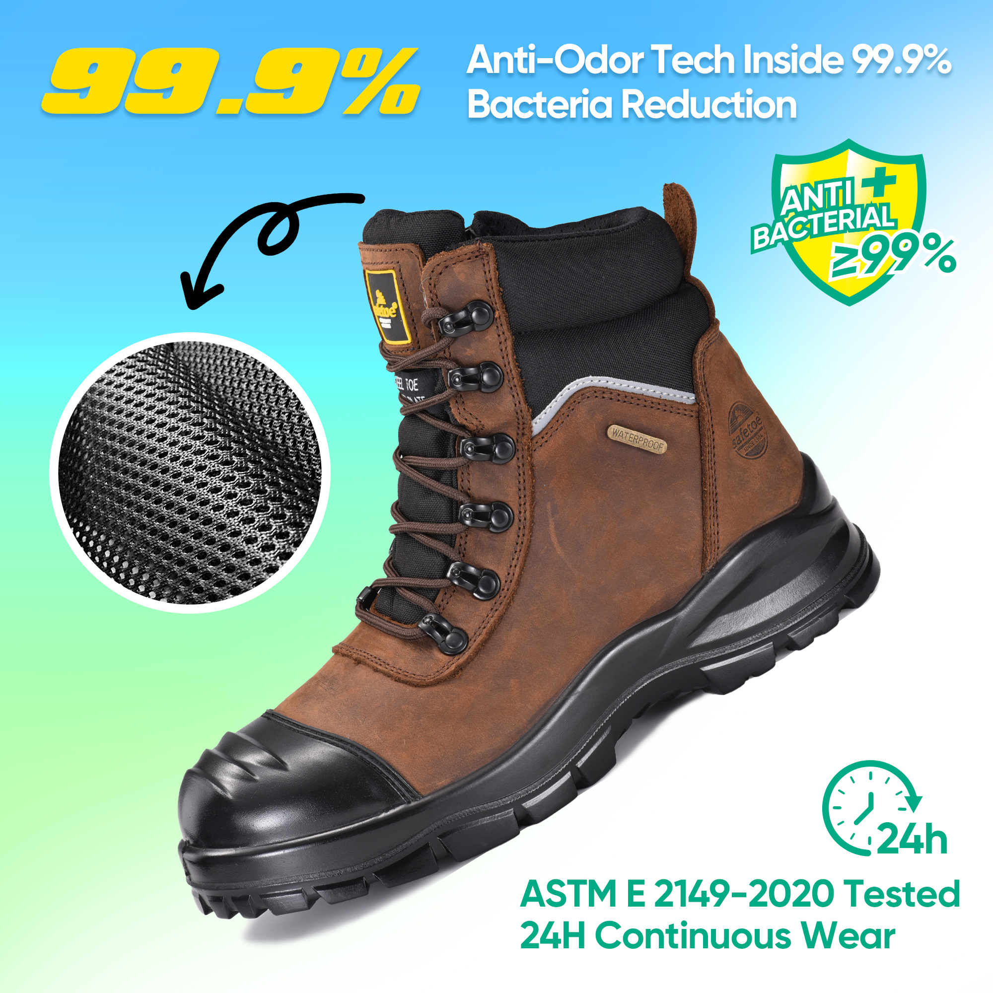 AS 2210.3 Certified Waterproof Steel Toe Mining Work Boots With Zip-Side M-8577 Brown