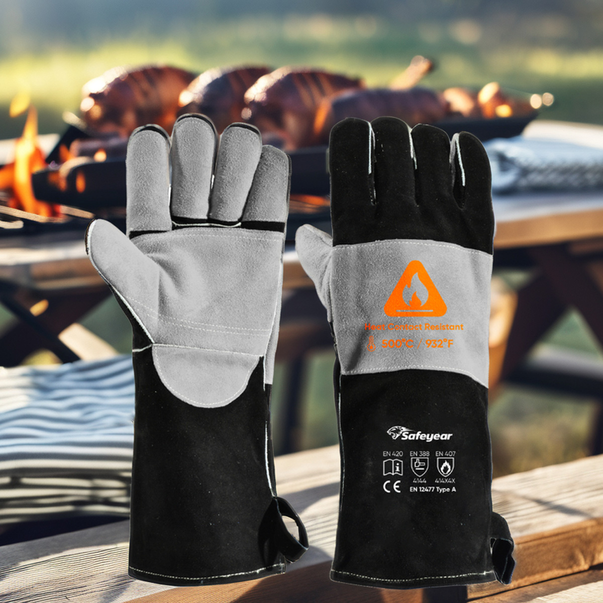 Heat Resistant Gloves For Welding Gloves Leather Cowhide FL-1023 Black & Grey