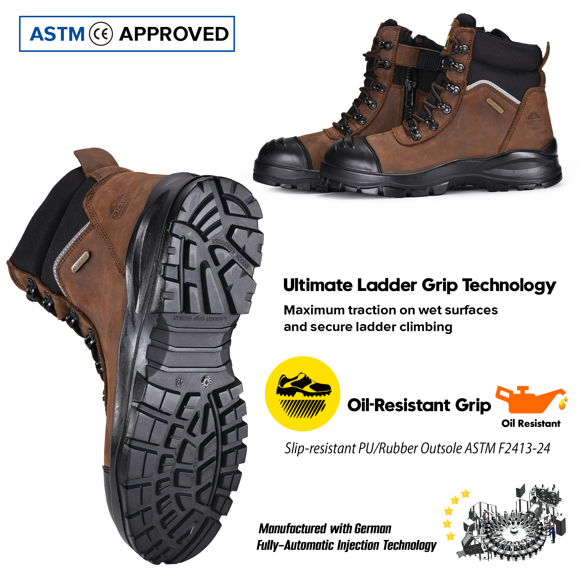 AS 2210.3 Certified Waterproof Steel Toe Mining Work Boots With Zip-Side M-8577 Brown