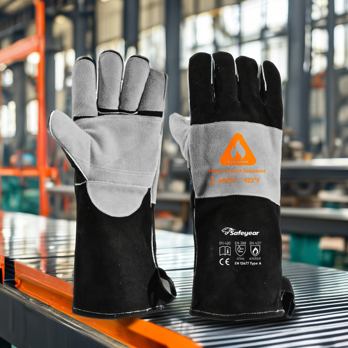 Heat Resistant Gloves For Welding Gloves Leather Cowhide FL-1023 Black & Grey