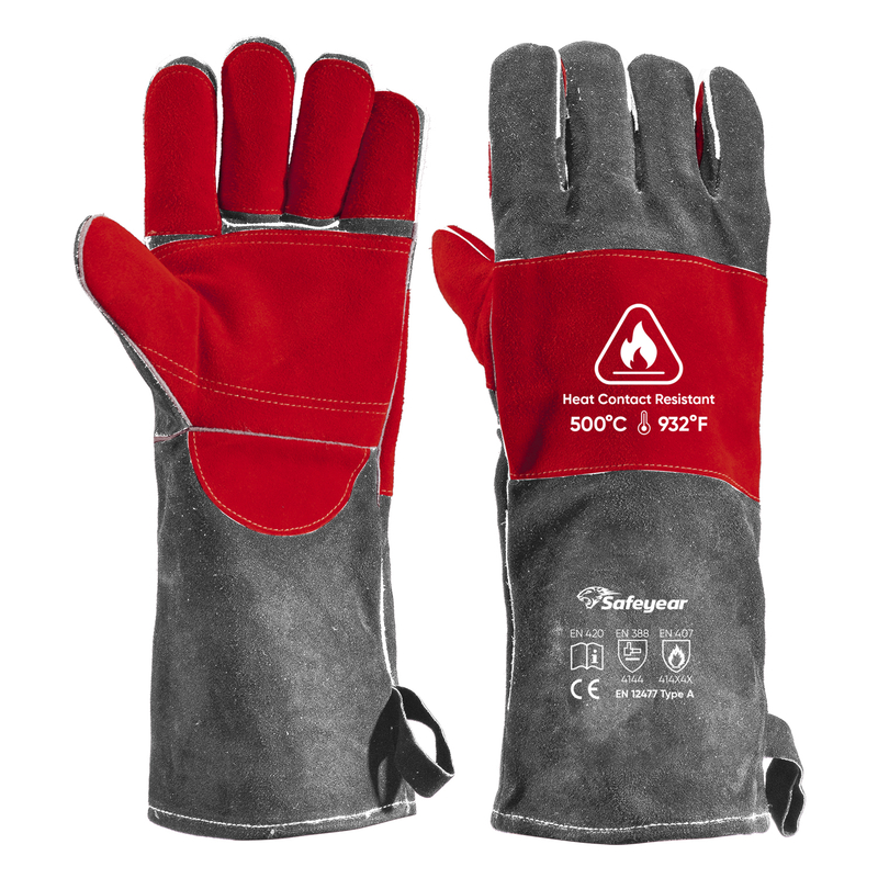 Leather Welding Gloves Welding Leather Heating Proof Gloves FL-1023 Grey & Red