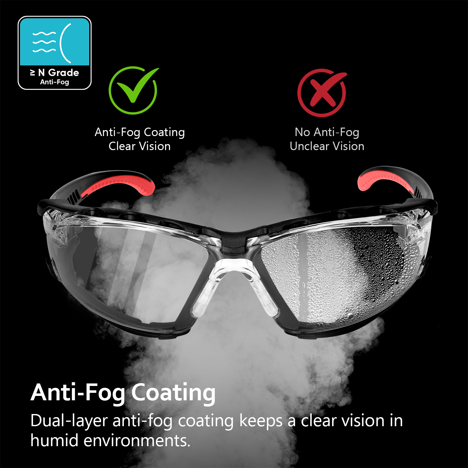 Anti-Fog Safety Glasses for Dusty Worksites Foam-Lined | ANSI Z87.1 & EN166 SG037 Red