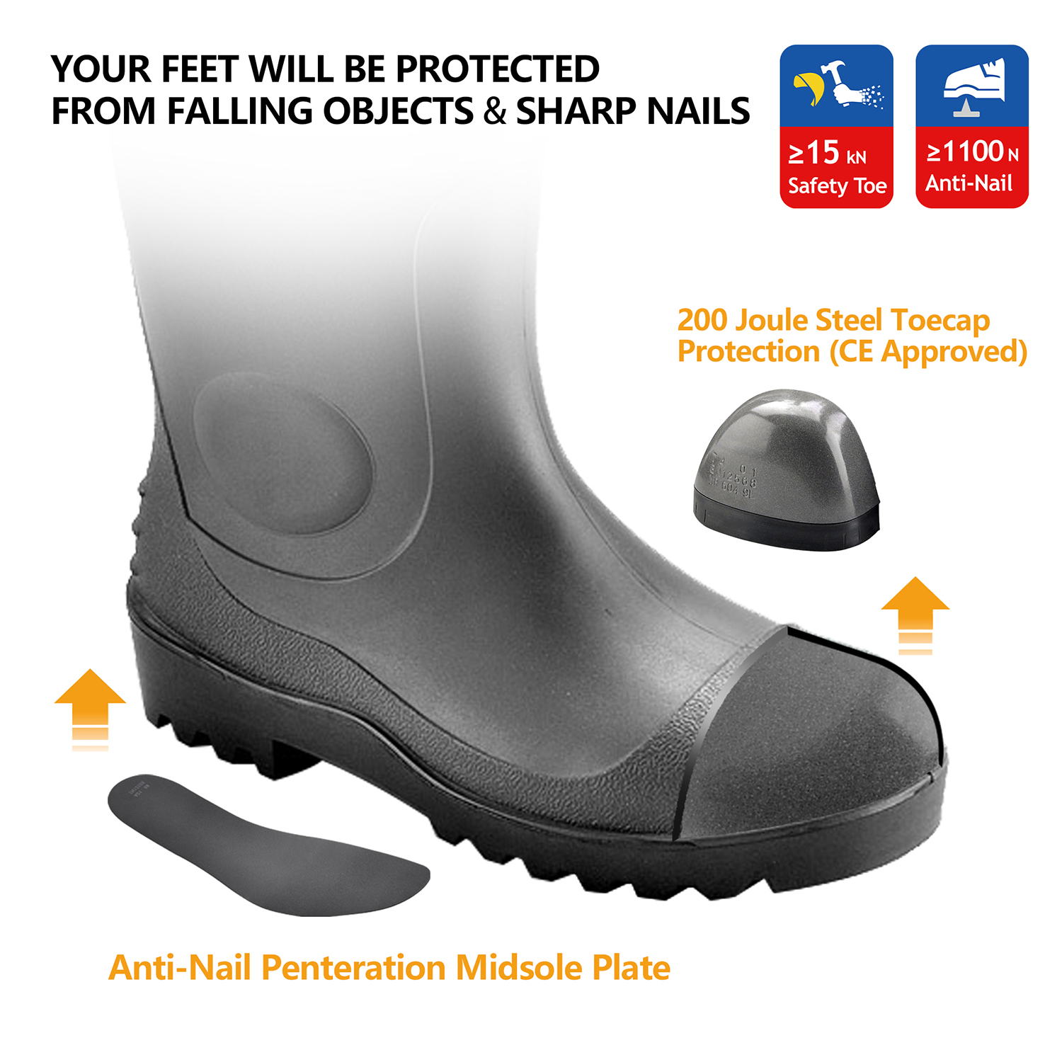CE Approved S5 Safety Wellington Boots – Heavy-Duty Waterproof PVC Industrial Boots W-6037 Black AquaPioneer