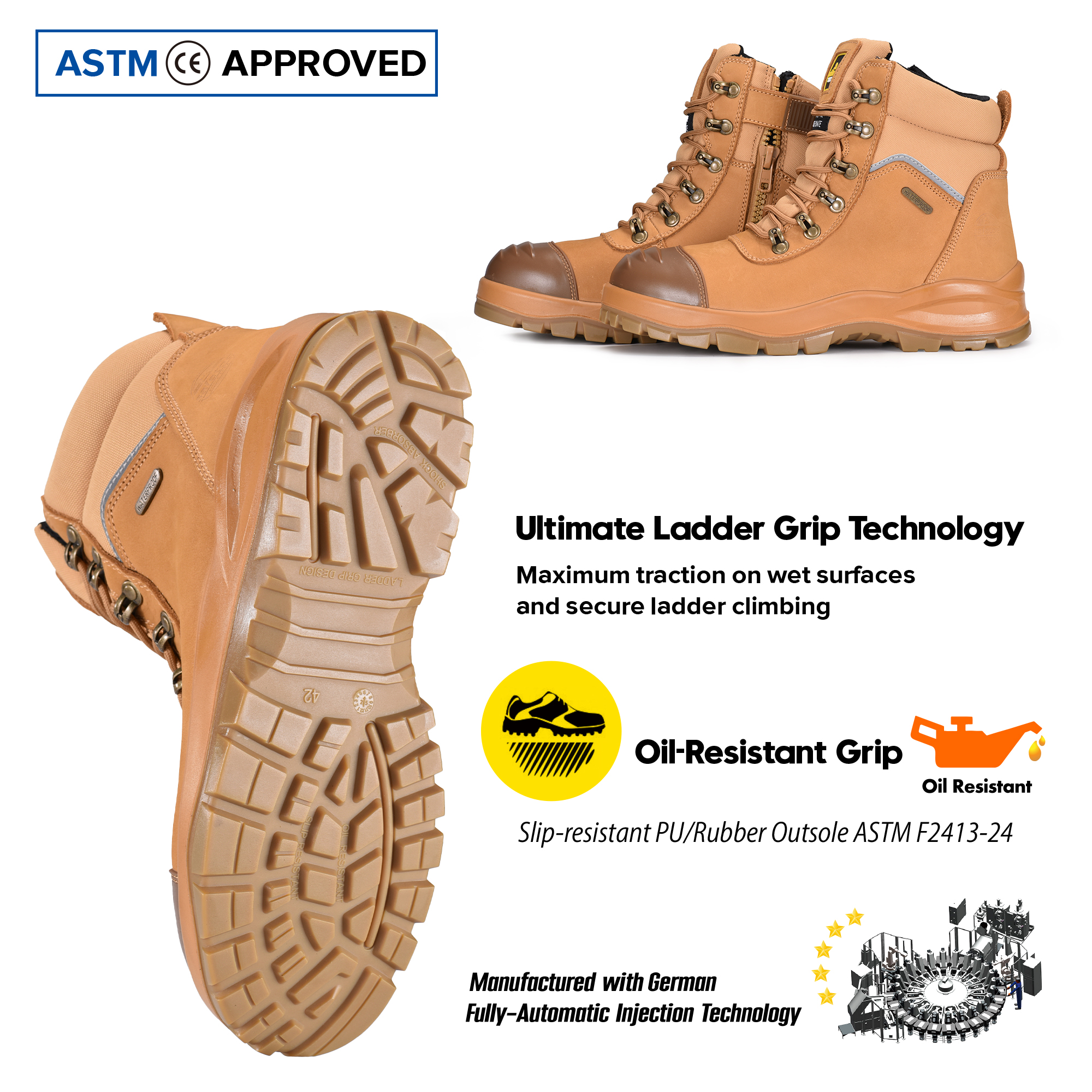 Australia Standard Waterproof Steel Toe Mining Safety Boots With Zip-Side M-8577 Beige