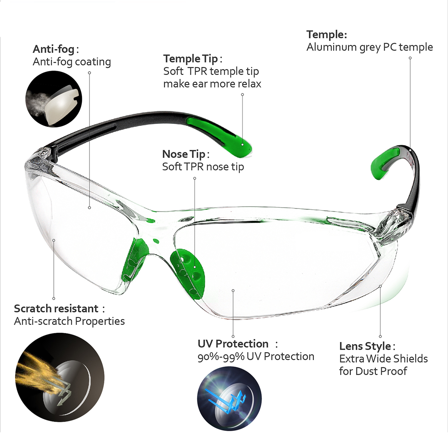 Ready Stock Anti-Fog Safety Glasses Anti-Scratch ANSI Z87.1 CE EN166 SG003 Green
