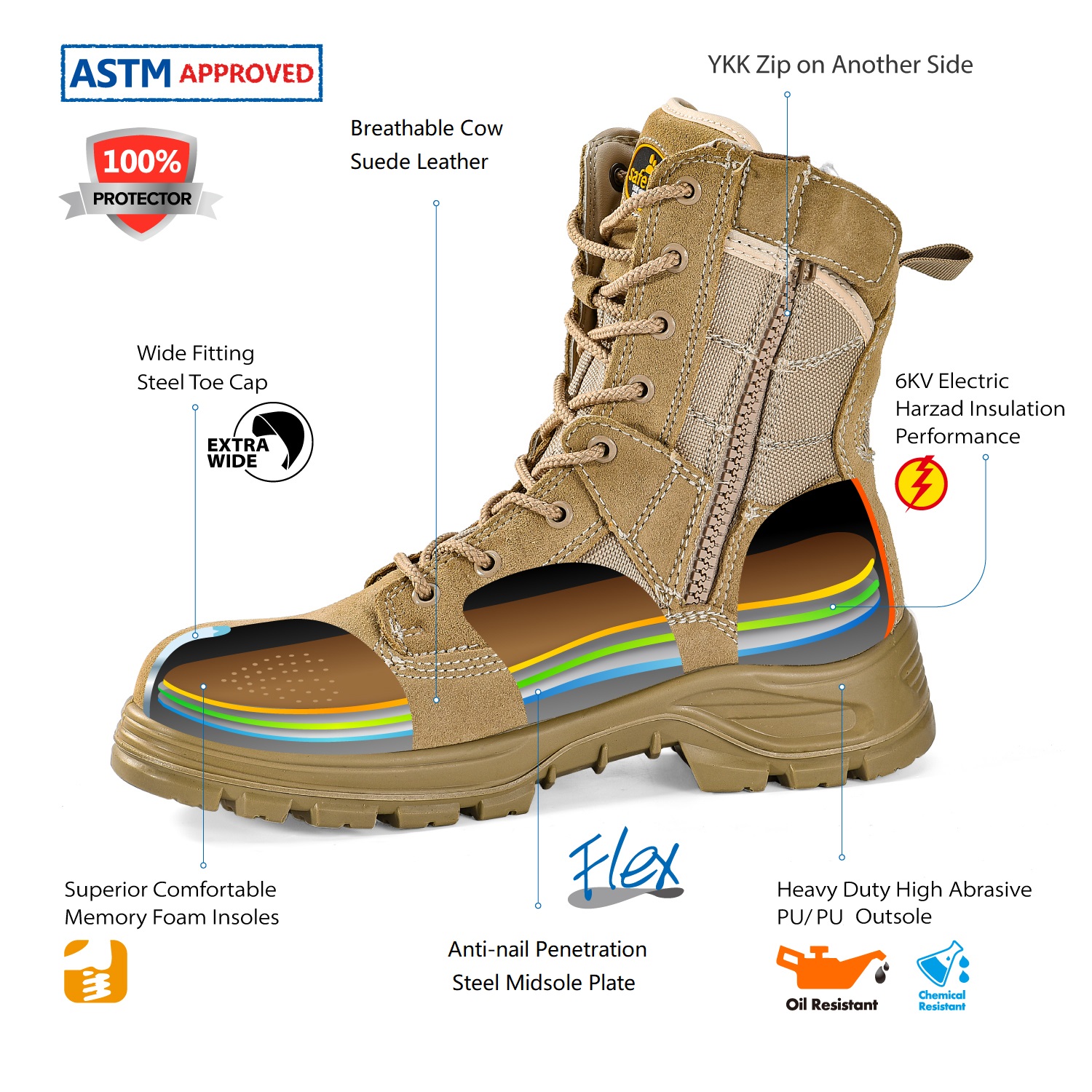 Combat Safety Work Boots H-9438 Beige