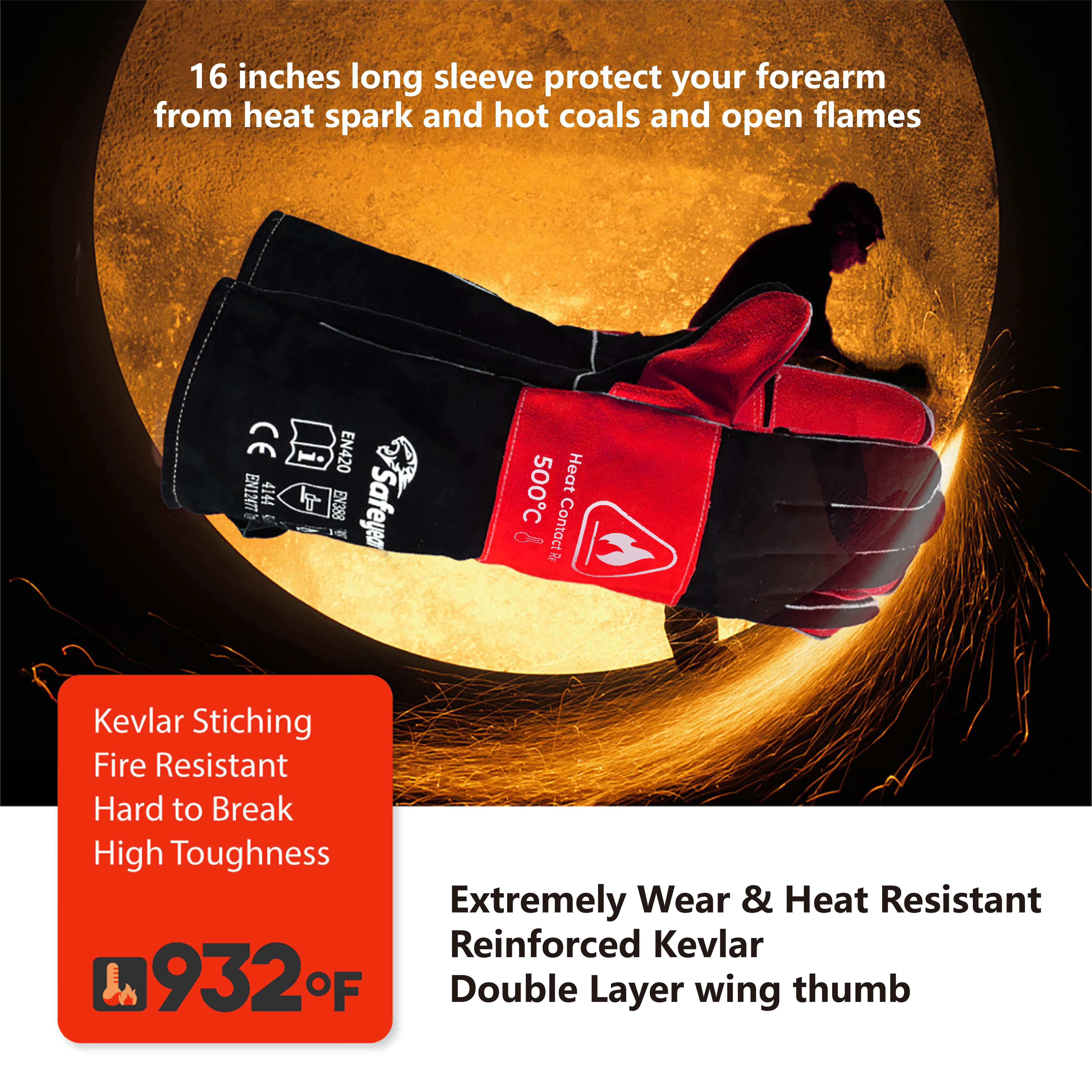  Leather Gloves Heat Resistant Welding Gloves FL-1023 Black & Red