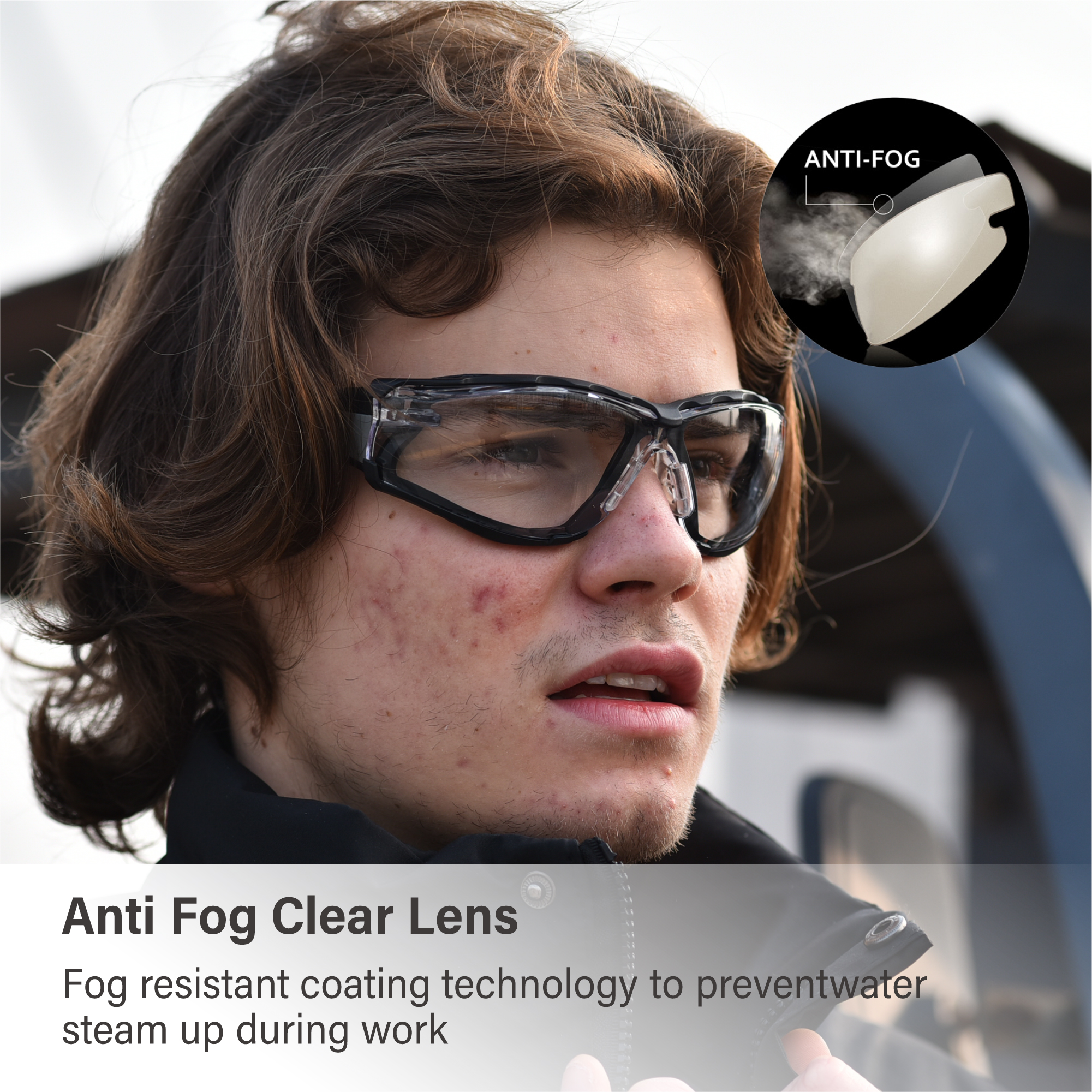 Worker wearing SG037 foam-lined anti-fog safety glasses