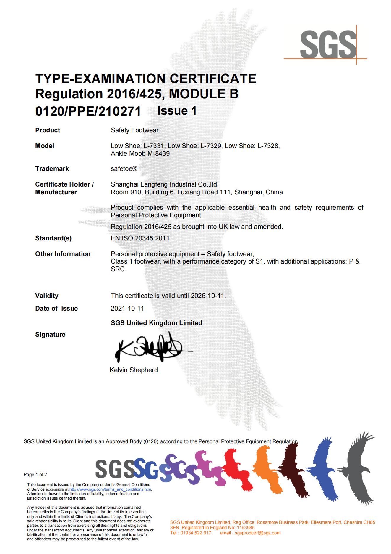 Safetoe L-7331 UKCA Certificate for safety shoes