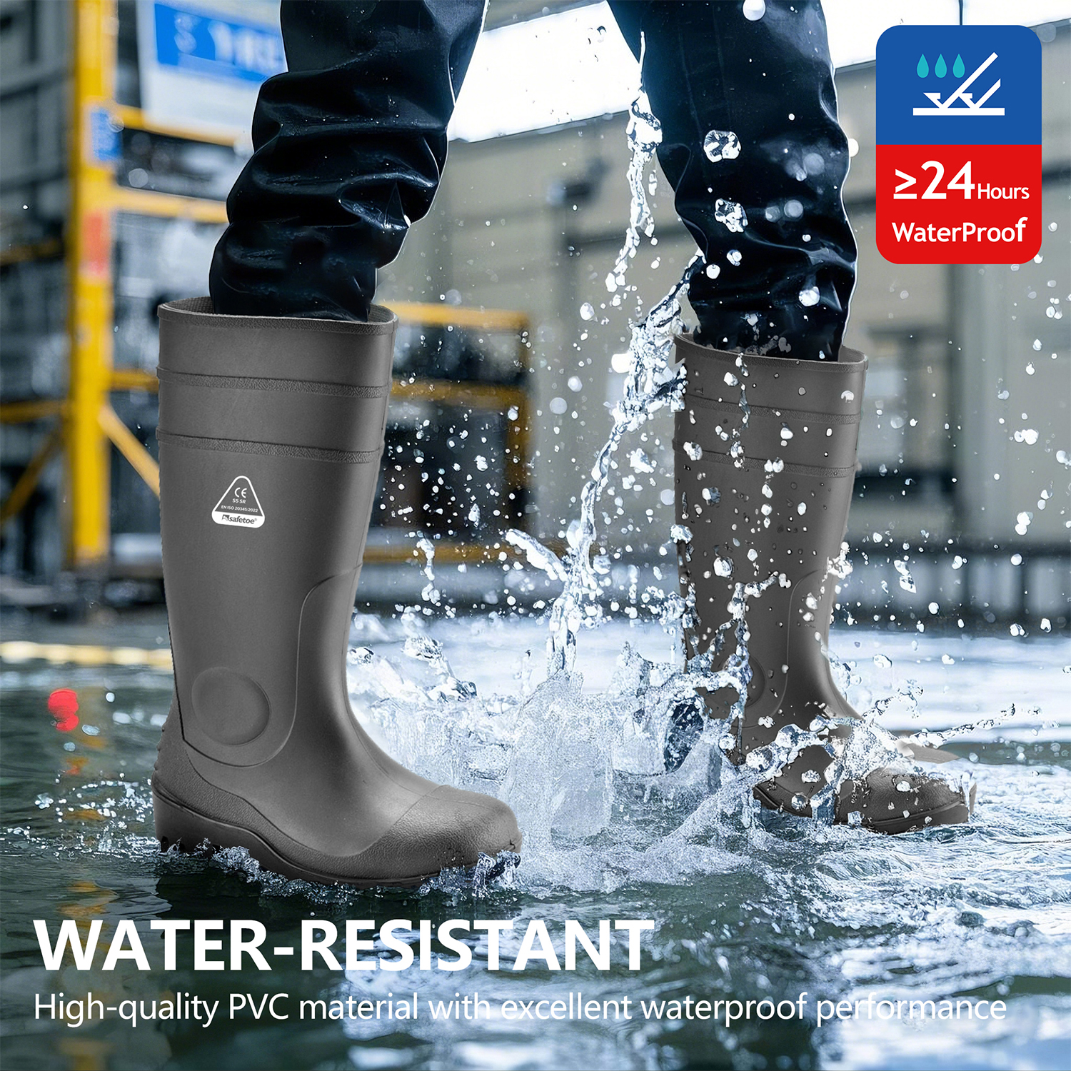 CE Approved S5 Safety Wellington Boots – Heavy-Duty Waterproof PVC Industrial Boots W-6037 Black AquaPioneer