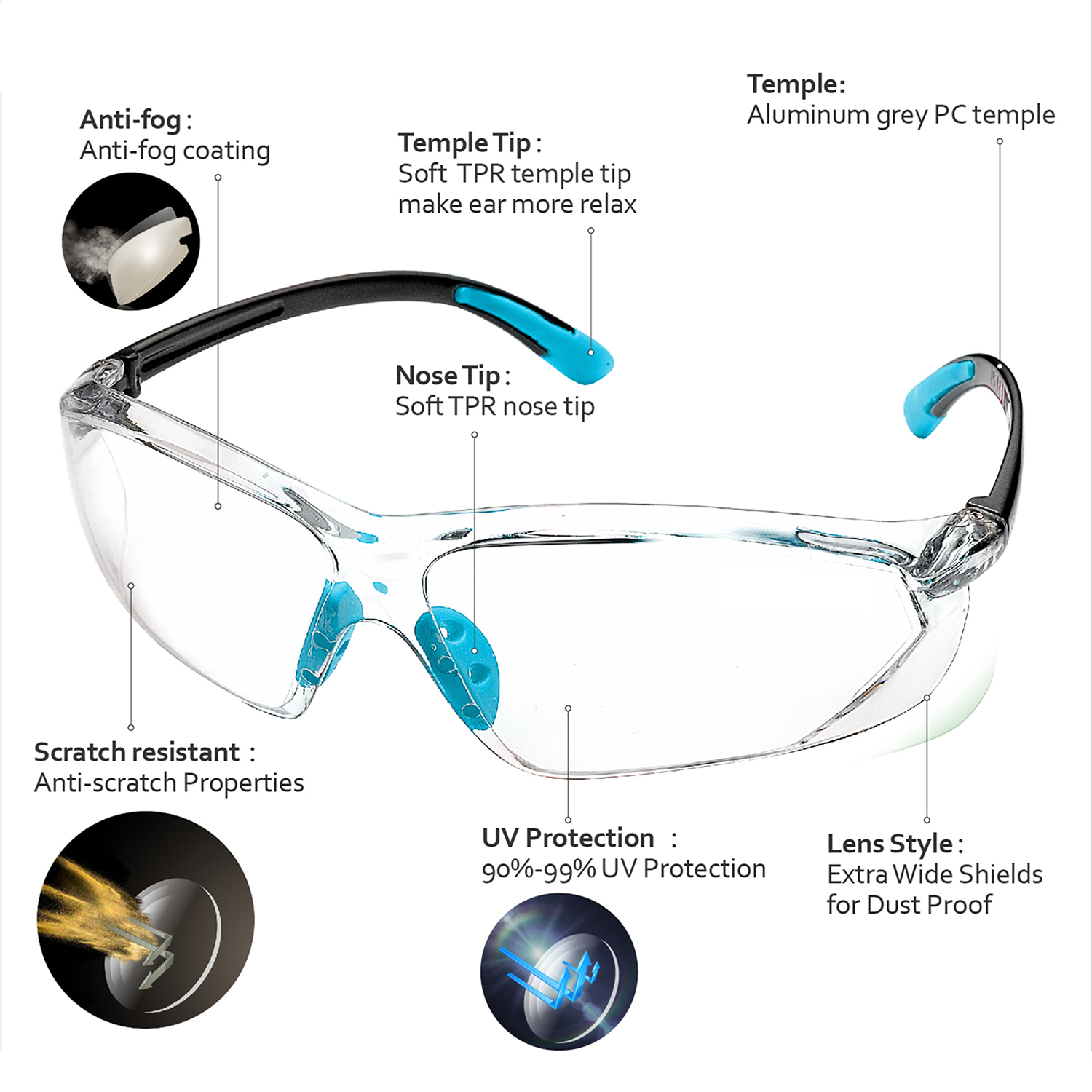 Safety Glasses CE EN166 UV400 Protective Work Eyewear SG003 Blue