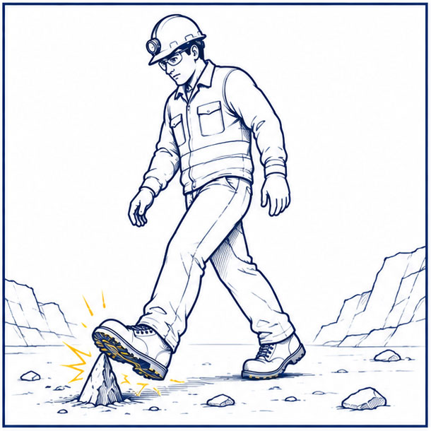 Sharp rock and underfoot puncture hazards on mineral processing worksites